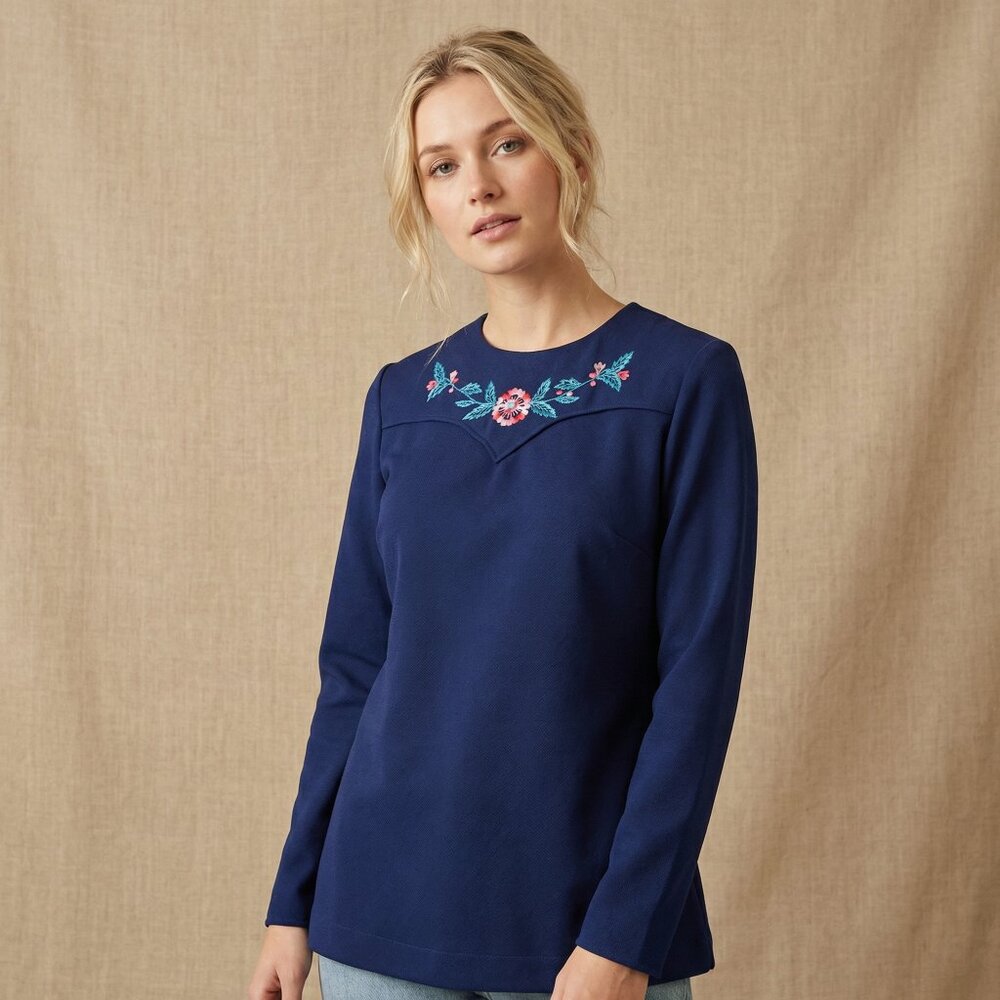 Vintage H Bar C Blue Embroidered Top, 1970s Deadstock NWT